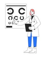 Female ophthalmologist with eye chart flat line color vector character. Editable simple outline full body person on white. Visual acuity cartoon spot illustration for web graphic design and animation