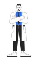 Confident doctor in white coat flat line color vector character. Editable simple outline full body person on white. Healthcare clinic cartoon spot illustration for web graphic design and animation