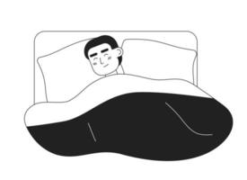 Young man sleeping in bed with comfort monochromatic flat vector character. Good night. Editable thin line half body person on white. Simple bw cartoon spot image for web graphic design, animation