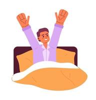 Happy man waking up in bed semi flat colorful vector character. Feeling refreshed after sleep. Editable half body person on white. Simple cartoon spot illustration for web graphic design and animation