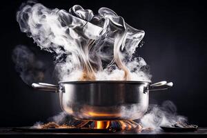 Chef, steam cooker, restaurant cooking. Haute cuisine. photo