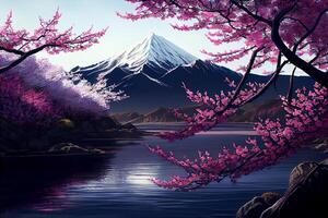 Spring, cherry blossoms, pink and white buds and cherry blossoms on the background of the mountain and river. Spring background. photo