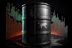 Barrel oil with stock charts of oil price quotes. photo