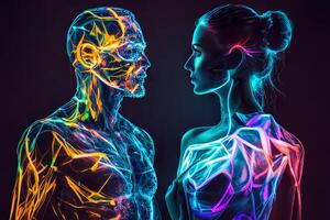 Social media, neon man and woman look at each other. Virtual communication. photo