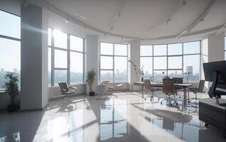 Large office with large windows with natural light in white colors. Business interior. Generative AI photo