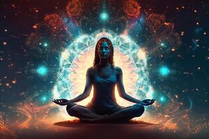 meditación. un mujer en el loto actitud medita con interior energía. generativo ai foto