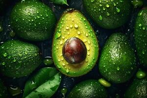 Avocado covered with drops of water. studio light. Avocado background. photo
