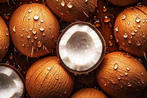 Coconut, coconuts covered in water droplets. Coconut Background. photo