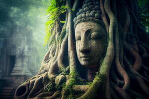 A tree entangled with vines and the face of the ancient god of Mayan culture. photo