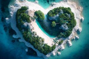 en forma de corazon isla, un tropical isla rodeado por el mar. tropical paraíso antecedentes. generativo ai foto