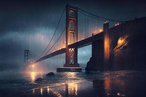 dorado portón puente, a noche en el lluvia. generativo ai foto