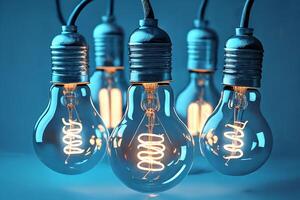 A lot of burning bulbs, a set of bulbs on a blue background. photo