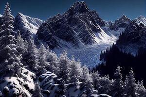 alto montañas con un glaciar, el tapas de el montañas cubierto con nieve. montaña paisaje. generativo ai foto