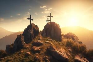 fe, esperanza, amar, Tres cruces a el pico de el montaña. un bíblico escena. generativo ai foto