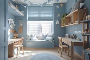 moderno diseño de un niño habitación para un pequeño chico en azul. generativo ai foto