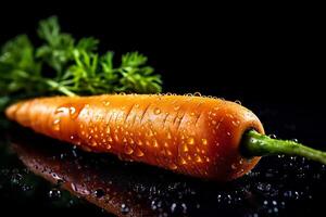 Carrots covered in water droplets. Studio light. Black background. photo
