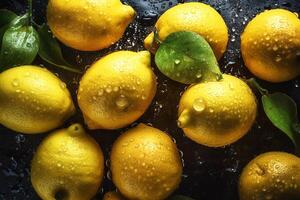 limón, amarillo limón cubierto con agua gotas. limón antecedentes. generativo ai foto