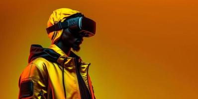 Side view of a young african woman put on VR glasses isolated over yellow background photo