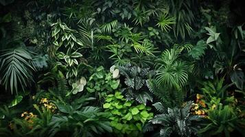 Vertical garden with tropical green leaf, contrast photo