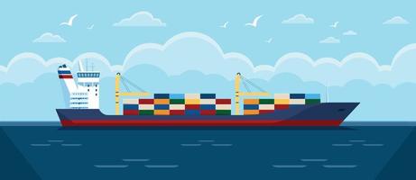 Cargo ship in ocean. Commercial freight vessel with containers in sea. Maritime commerce delivery, shipping industry vector illustration