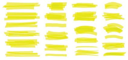 Highlighter line. Yellow marker strokes, lines, frames. Hand drawn highlighters pens scribble, text highlight or underline vector set