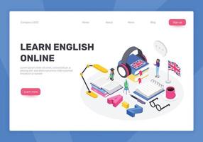 Isometric learning english language concept. People studying foreign languages online. Digital courses, online education vector landing page