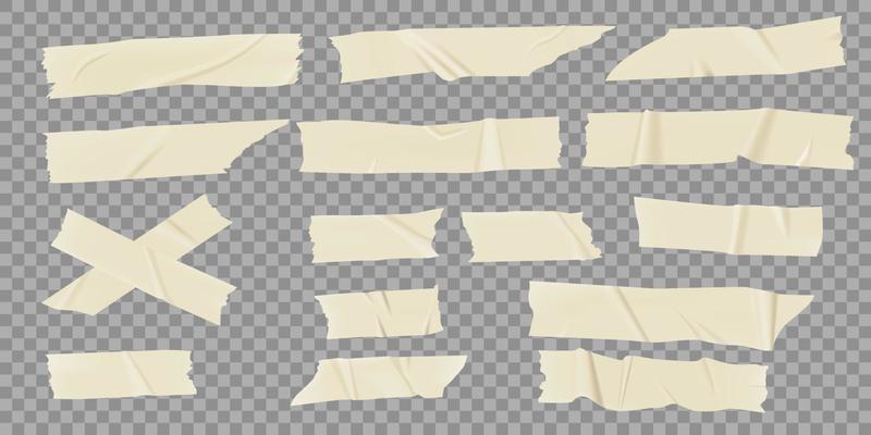 Paper adhesive tapes. Realistic masking tape pieces. Old wrinkled sticky strip, scotch with torn edges on transparent background vector set
