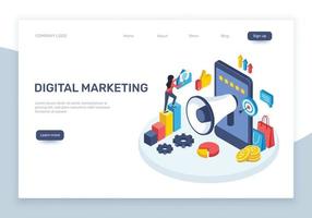 Isometric digital marketing. Social media advertising concept with speaker, smartphone, graphs. Online marketing strategies vector landing page