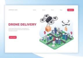 Drone delivery. Drones delivering packages to customers. Delivery service concept with flying quadcopters and city map vector landing page