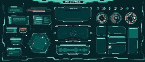 Futuristic ui elements. Sci-fi digital frames, arrows, callout titles, optical aim. Abstract cyberpunk virtual hud interface vector set