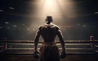 Boxing champion standing on arena. Rear view of shirtless man in boxing gloves. Muscular build concept. . photo