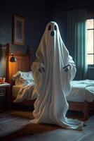 portrait of A white ghost with black eyes, made from a bedsheet. . photo