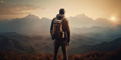 deportivo hombre en el montaña pico mirando en montaña Valle con rayos de sol a vistoso puesta de sol en otoño. paisaje viajero, brumoso sierras, bosque en caer, increíble cielo y luz de sol en caer. generativo ai foto