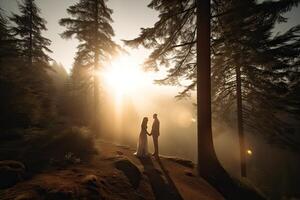 Wedding silhouette couple posing on sunset in beautiful forest at wedding day. Bride and groom in love. Non-existent person. . photo