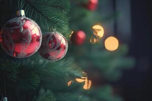 Close up view of beautiful fir branches with shiny colorful bauble or ball, xmas ornaments and lights, christmas holidays background. . photo