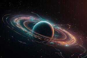 beautiful space horizontal illustration of planet with ring, nebula and star light on dark color sky background. . photo