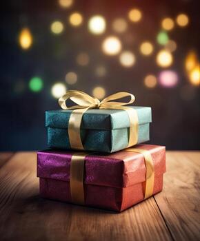 Christmas presents wrapped in colorful paper with ribbon on wooden table background and bokeh. Place for typography and logo. Copy space. . photo