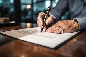 de cerca de persona de negocios firma contrato, escritura papel a el escritorio con bolígrafo y leyendo libros a mesa con básico negocio formar documento trabajando en oficina. generativo ai. foto