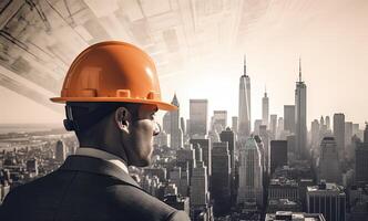 Construction concept. at back of the construction worker head which is wearing the safety helmet and checking work at the construction site. Non-existent person. photo