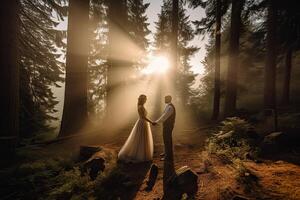 Wedding silhouette couple posing on sunset in beautiful forest at wedding day. Bride and groom in love. Non-existent person. . photo