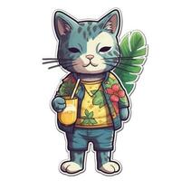 The cute cat wears a Hawaii shirt and holding a cocktail in his hand. Vector illustration. . photo