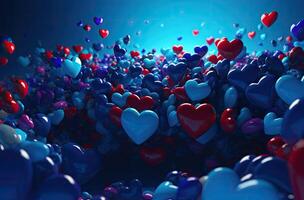 Colorful heart shape balloon with blue sky. Valentine's day background with heart shaped balloons. . photo