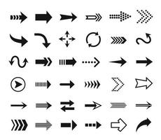 Arrow icon. Direction sign, pointer outline pictogram, refresh button, reload symbol. Arrows black silhouette icons for web design vector set