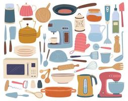 Kitchen utensils. Cooking and baking equipment toaster, blender, wooden board, kettle. Flat cartoon cookware, kitchenware accessories vector set