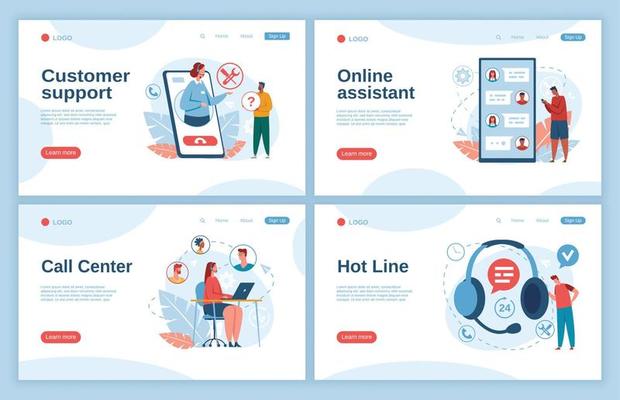 Customer support. Call center operators consulting clients. Online technical support, hotline, virtual personal consultant vector landing page
