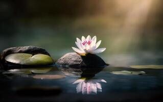 Pink lotus flower on water with sun rays. . photo