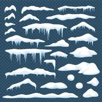 dibujos animados nieve. ventana o techo nieve tapas con carámbanos, bolas de nieve, ventisqueros Navidad Nevado marco, invierno decoración elemento vector conjunto