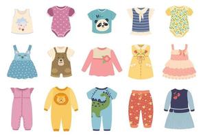 Kids clothes. Cute baby boys and girls cloth with funny patterns. Jacket, dress, skirt. Children summer fashion apparel vector set