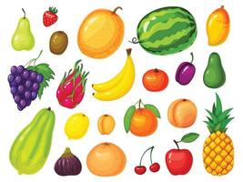 dibujos animados frutas limón, fresa, banana, naranja, manzana, sandía, durazno, piña, mango, uvas. maduro tropical exótico Fruta vector conjunto