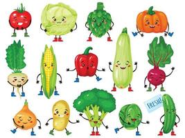 Vegetable characters. Cute broccoli, tomato, pumpkin, cucumber, corn, cabbage with smiling faces. Funny vegetables mascot character vector set